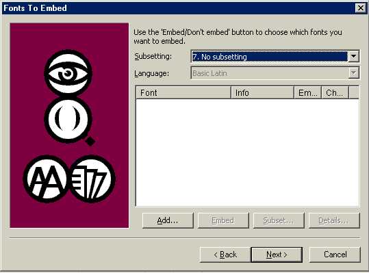 Fonts To Embed Dialog